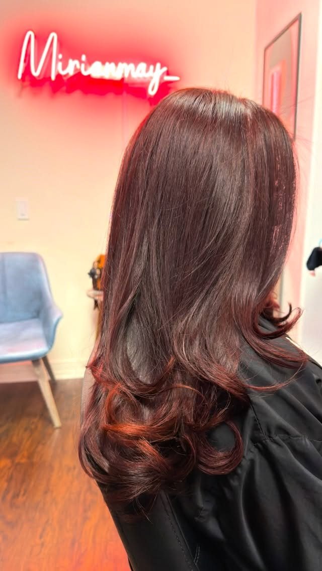 Cherry cola red hair color by Mirian May, Glendale hair colorist